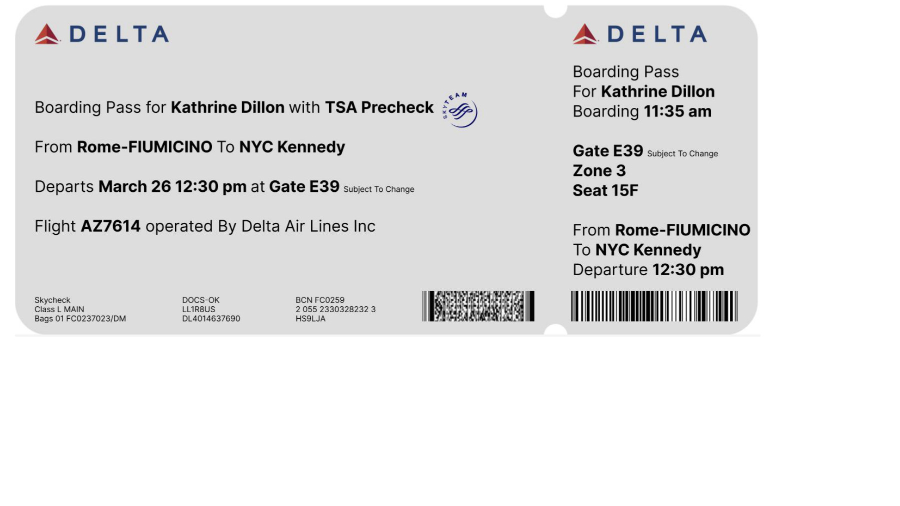 Redesigned Delta boarding pass with passenger, route, departure, gate, boarding time, zone, and seat information.